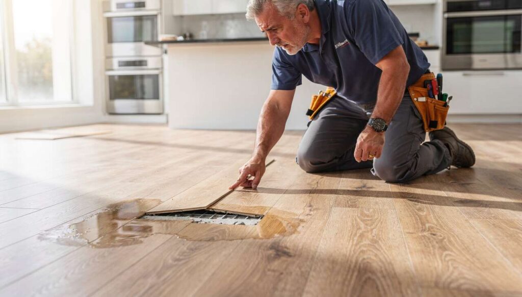 Panele winylowe SPC w kuchni: hydraulik wskazuje błąd montażowy, który kończy się zalaniem